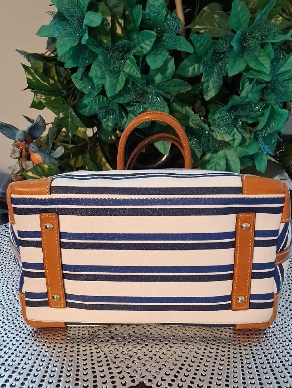 Dooney & Bourke Navy and White Striped Tote with Tan Trim - Picture 3 of 7